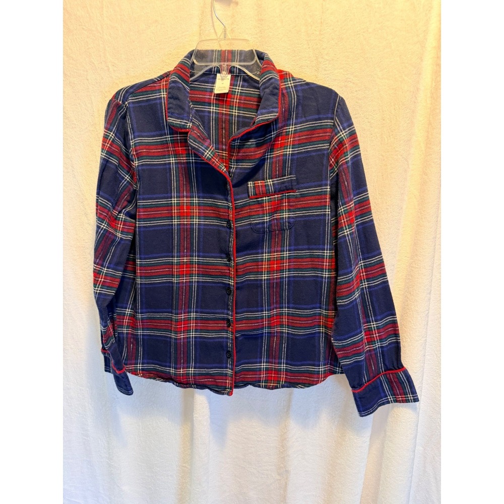 Liz Claiborne Navy Red Plaid Flannel Pajama Top Button Front Sleep Shirt Women M